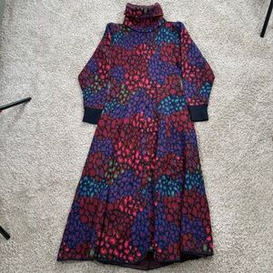 Farm Rio Sweater Dress Womens XS Multicolor Leopard Print Turtleneck Long Flare